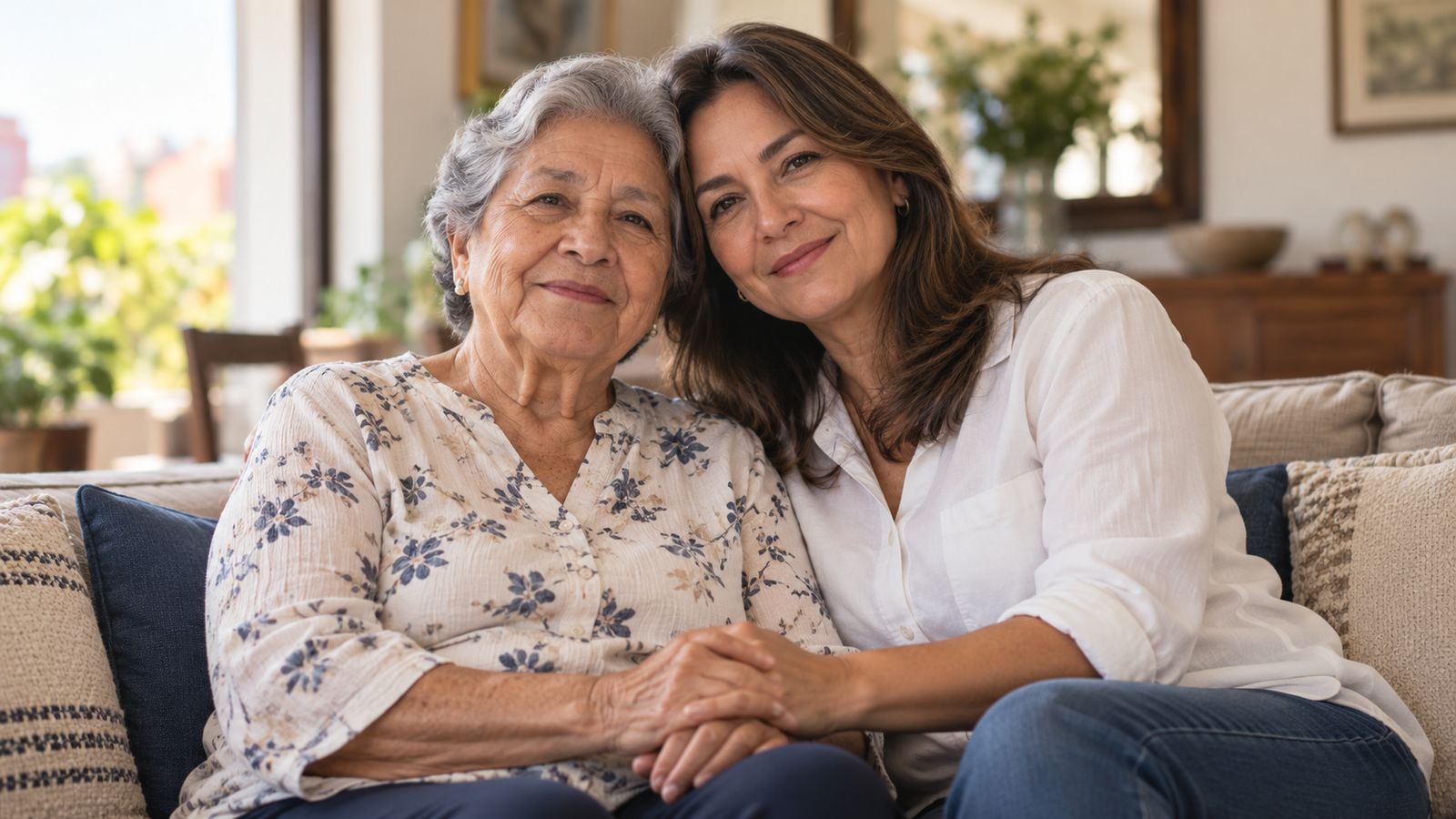 Señora mayor junto a su hija, tomadas de la mano