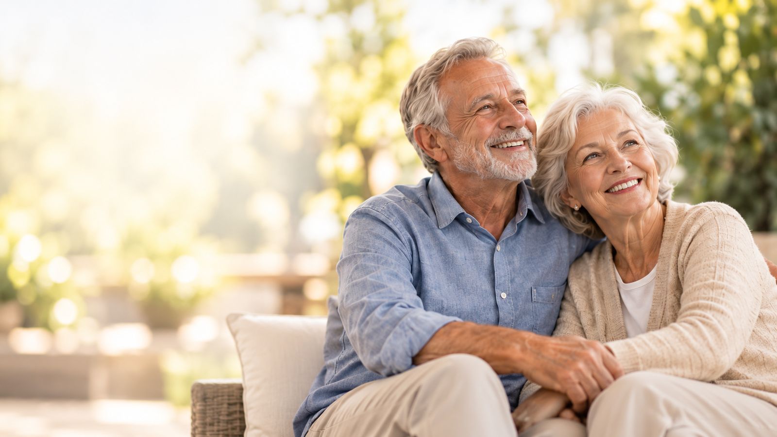 Pareja de pensionados sonrientes y tranquilos
